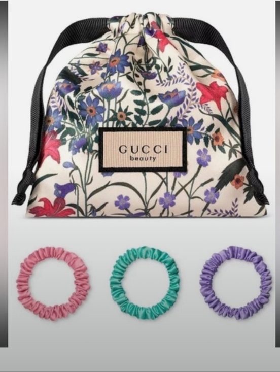 Gucci Accessories - Gucci Floral Drawstring Pouch & 3pc Scrunchies Set 🩷💜🩵